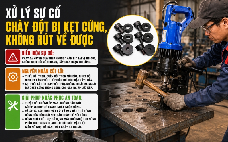 Chày đột bị kẹt cứng trong vật liệu không rút về được