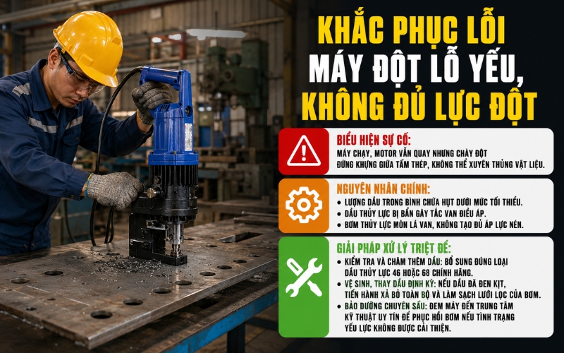 Máy đột lỗ yếu, không đủ lực đột xuyên vật liệu