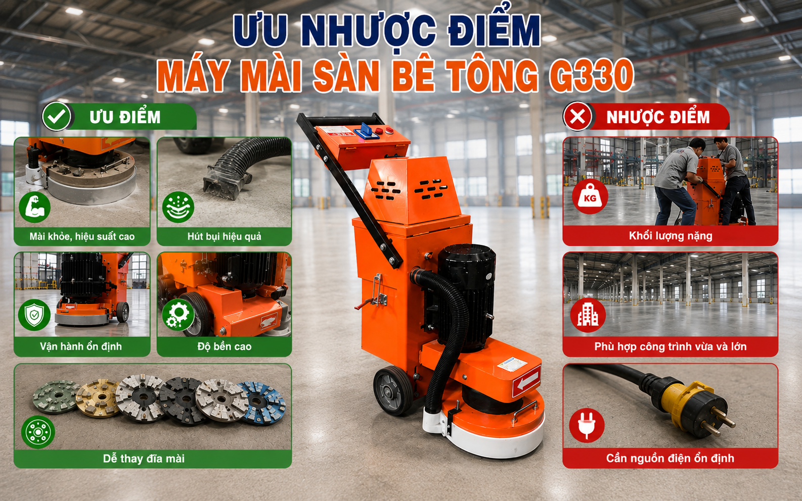 Ưu nhược điểm của máy mài sàn bê tông G330