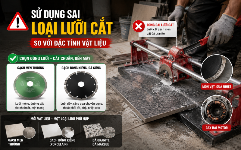 Sử dụng sai loại lưỡi cắt so với đặc tính vật liệu