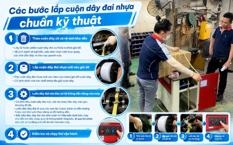 Các bước lắp cuộn dây đai nhựa chuẩn kỹ thuật