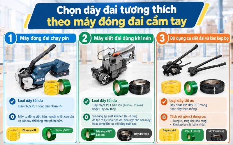 Chọn dây đai tương thích theo máy đóng đai cầm tay
