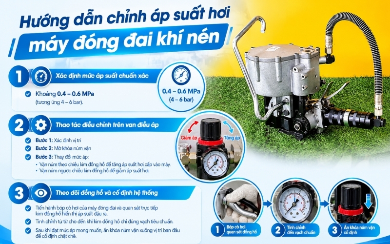 Hướng dẫn chỉnh áp suất hơi máy đóng đai khí nén