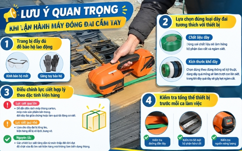 Lưu ý quan trọng khi vận hành máy đóng đai cầm tay