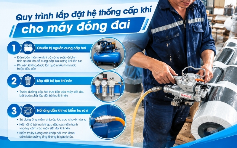 Quy trình lắp đặt hệ thống cấp khí cho máy đóng đai