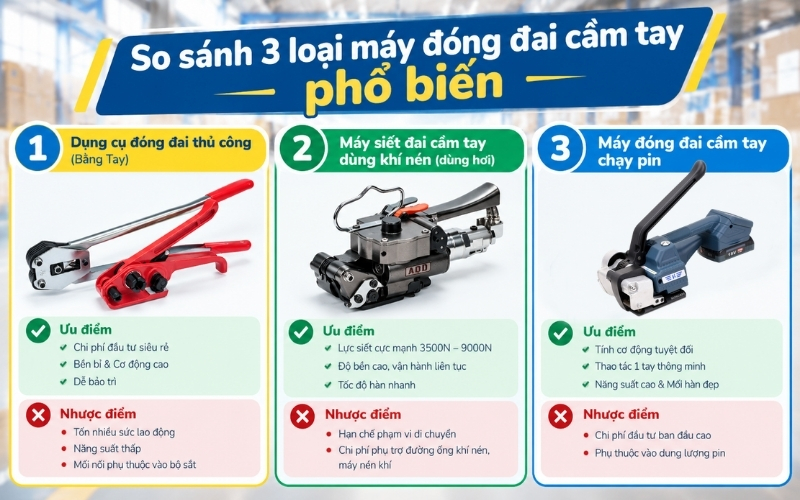 So sánh 3 loại máy đóng đai cầm tay phổ biến