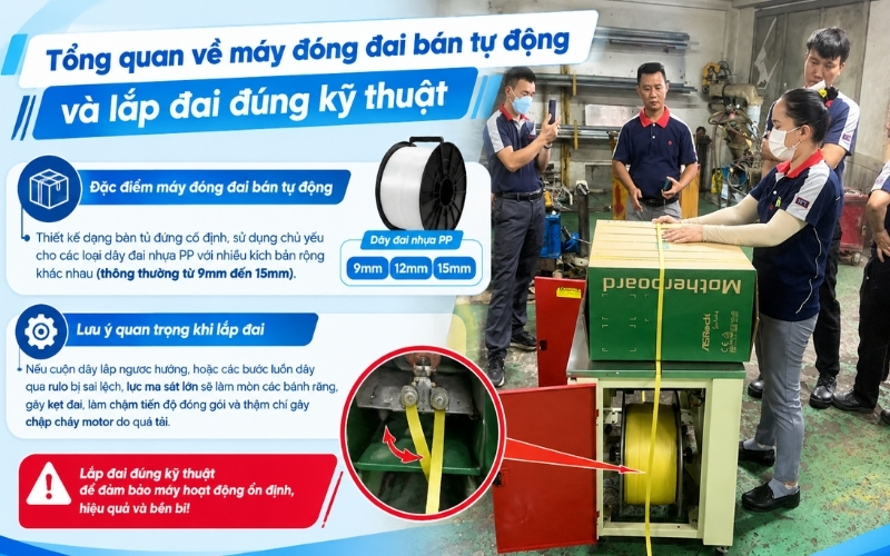 Tổng quan về máy đóng đai bán tự động và lắp đai đúng kỹ thuật