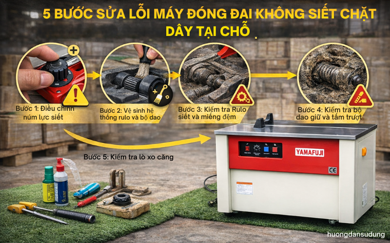 5 bước sửa lỗi máy đóng đai không siết chặt dây tại chỗ