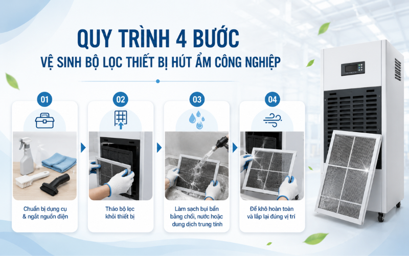 Quy trình 4 bước vệ sinh bộ lọc thiết bị hút ẩm công nghiệp
