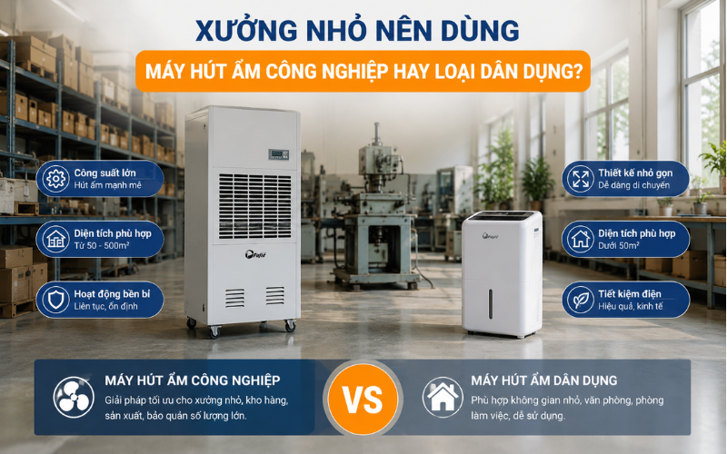 Xưởng nhỏ nên dùng máy hút ẩm công nghiệp hay loại dân dụng?