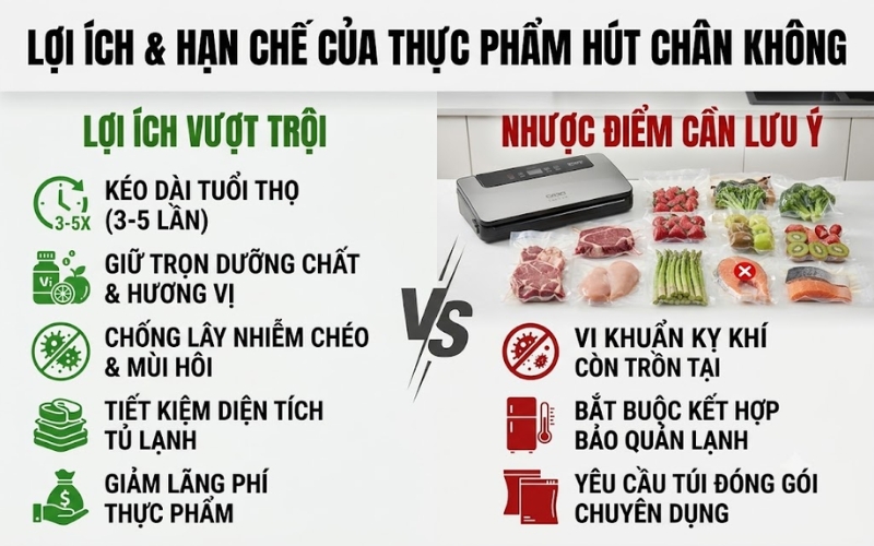 Lợi ích và hạn chế của thực phẩm đóng gói bằng máy hút chân không