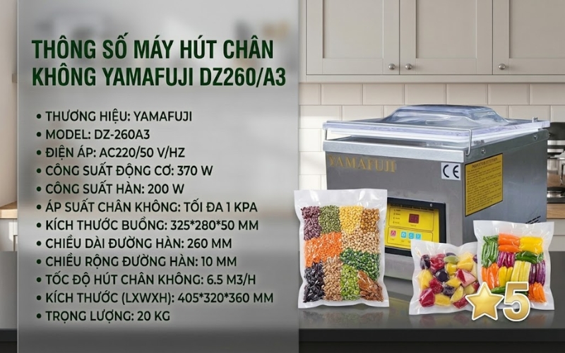 Thông số cụ thể của máy ép chân không Yamafuji DZ260/A3