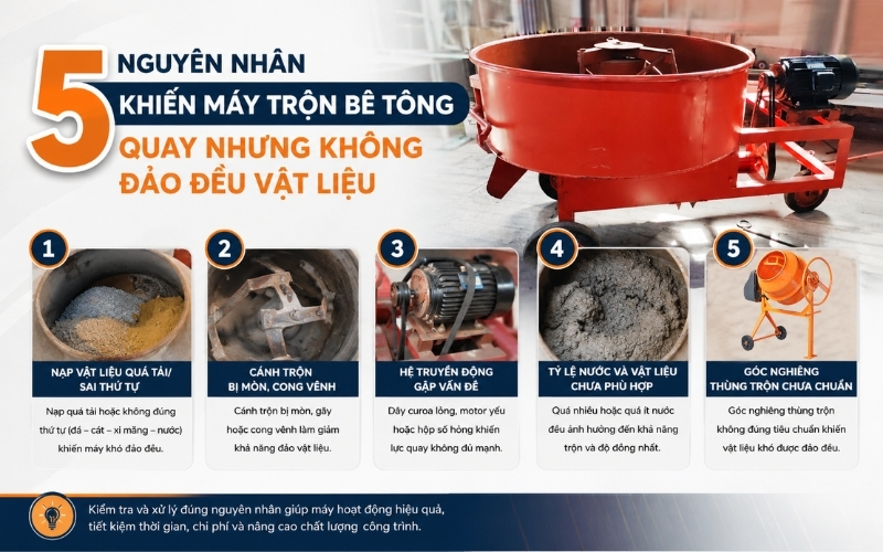 5 nguyên nhân khiến máy trộn bê tông quay nhưng không đảo đều vật liệu