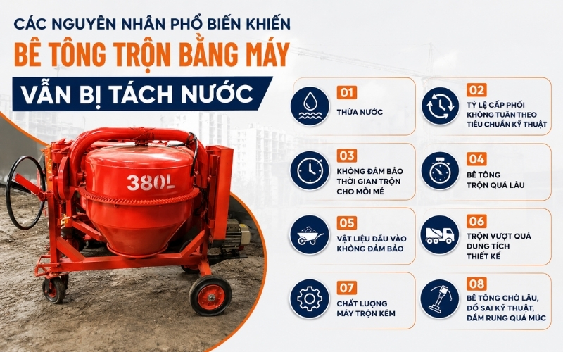 Các nguyên nhân phổ biến khiến bê tông trộn bằng máy vẫn bị tách nước