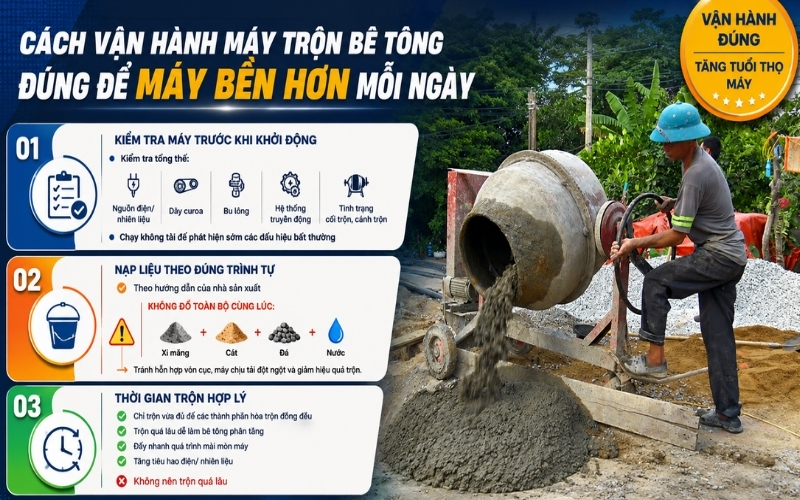 Cách vận hành máy trộn bê tông đúng để máy bền hơn mỗi ngày