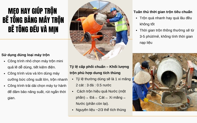 Mẹo hay giúp trộn bê tông bằng máy trộn bê tông đều và mịn