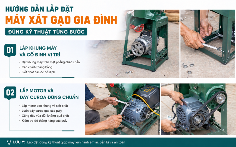 Hướng dẫn lắp đặt máy xát gạo gia đình đúng kỹ thuật từng bước