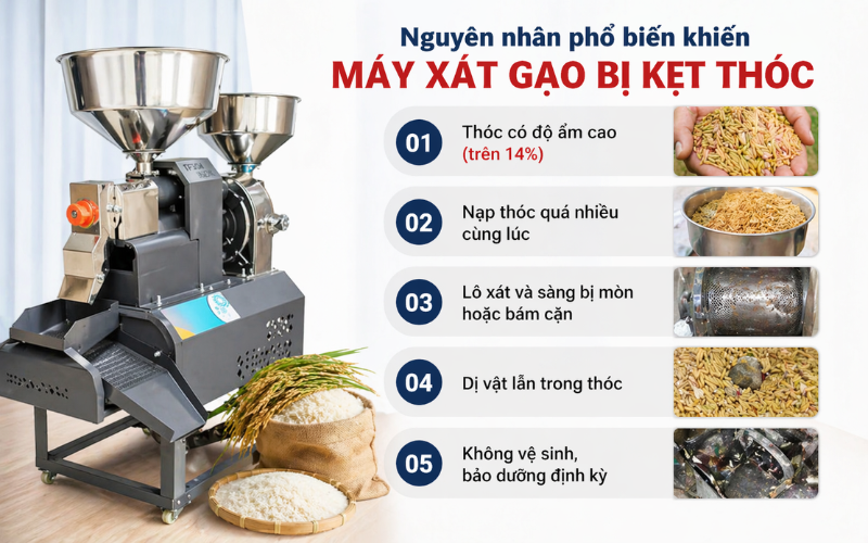 Nguyên nhân phổ biến khiến máy xát gạo bị kẹt thóc