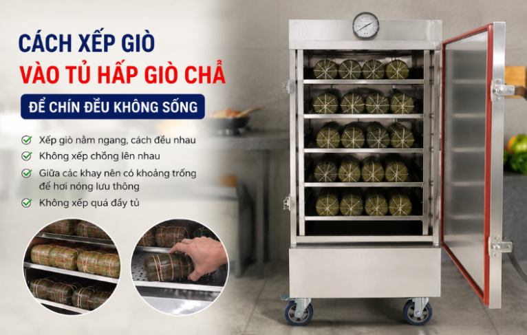 Cách xếp giò vào tủ hấp giò chả để chín đều không sống