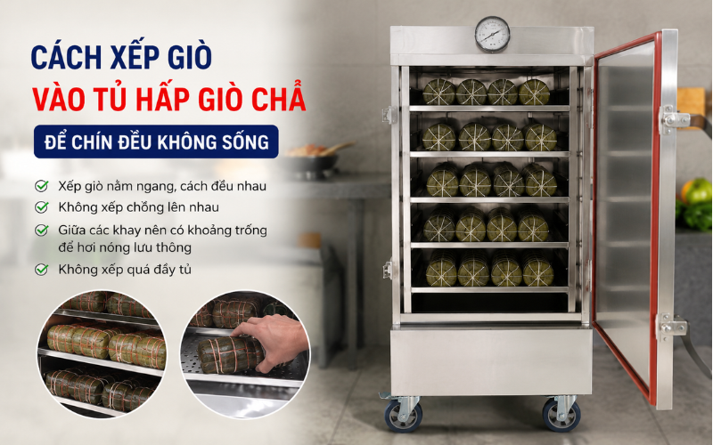 Cách xếp giò vào tủ hấp giò chả để chín đều không sống