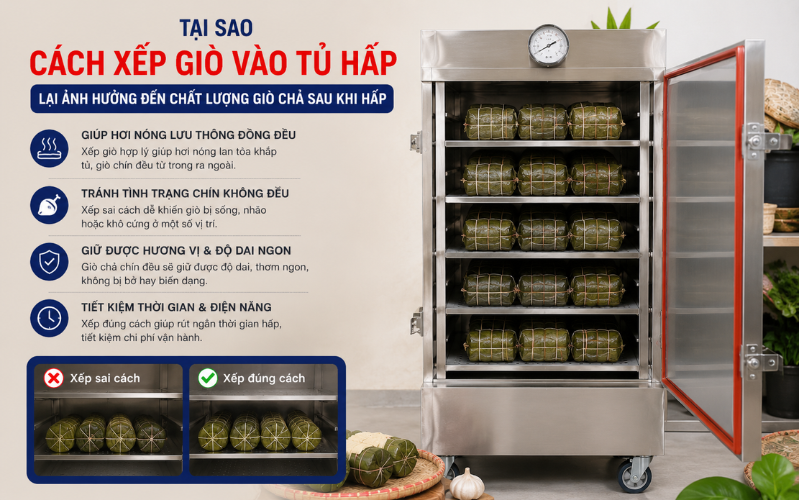 Tại sao cách xếp giò vào tủ hấp lại ảnh hưởng đến chất lượng giò chả sau khi hấp