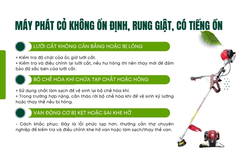 Máy phát cỏ không ổn định, rung giật, có tiếng ồn