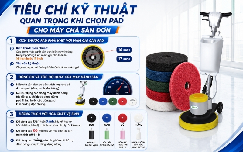 Tiêu chí kỹ thuật quan trọng khi chọn pad cho máy chà sàn đơn