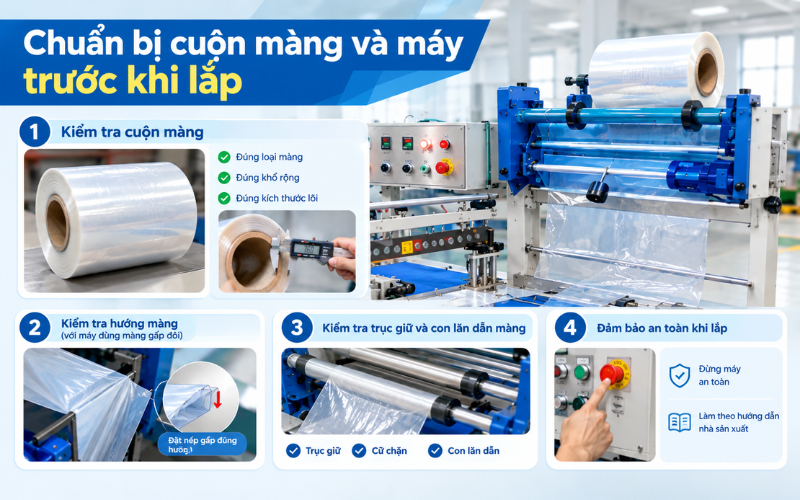 Chuẩn bị cuộn màng và máy trước khi lắp