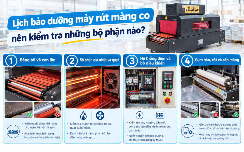 Lịch bảo dưỡng máy rút màng co nên kiểm tra những bộ phận nào?