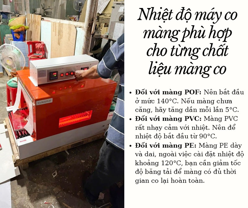 Nhiệt độ máy co màng phù hợp cho từng chất liệu màng co Nhiệt độ máy co màng phù hợp cho từng chất liệu màng co
