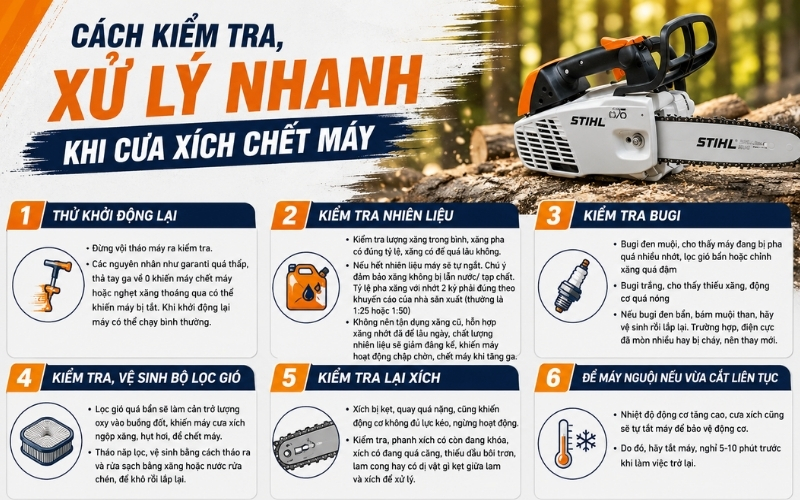 Cách kiểm tra, xử lý nhanh khi cưa xích chết máy