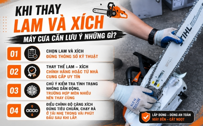 Khi thay lam và xích máy cưa cần lưu ý những gì