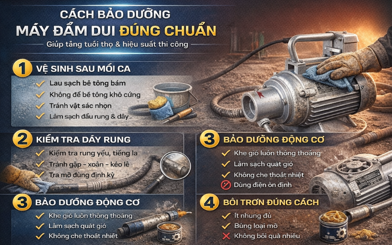 Cách bảo dưỡng máy đầm dùi giúp tăng tuổi thọ và năng suất