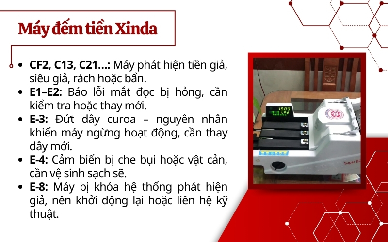 Các mã lỗi thường gặp trên máy đếm tiền Xinda