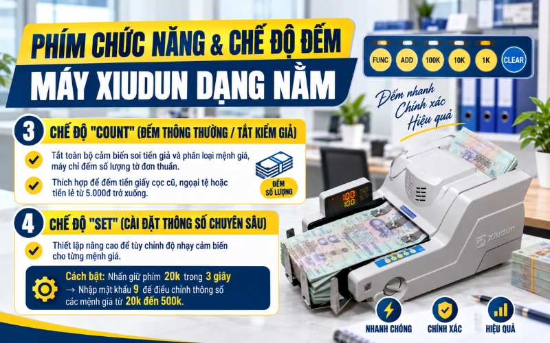 Các phím chức năng và chế độ đếm trên máy xiudun dạng nằm