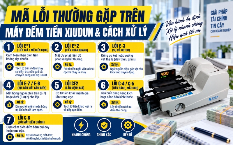 Mã lỗi thường gặp trên máy đếm tiền xiudun và cách xử lý