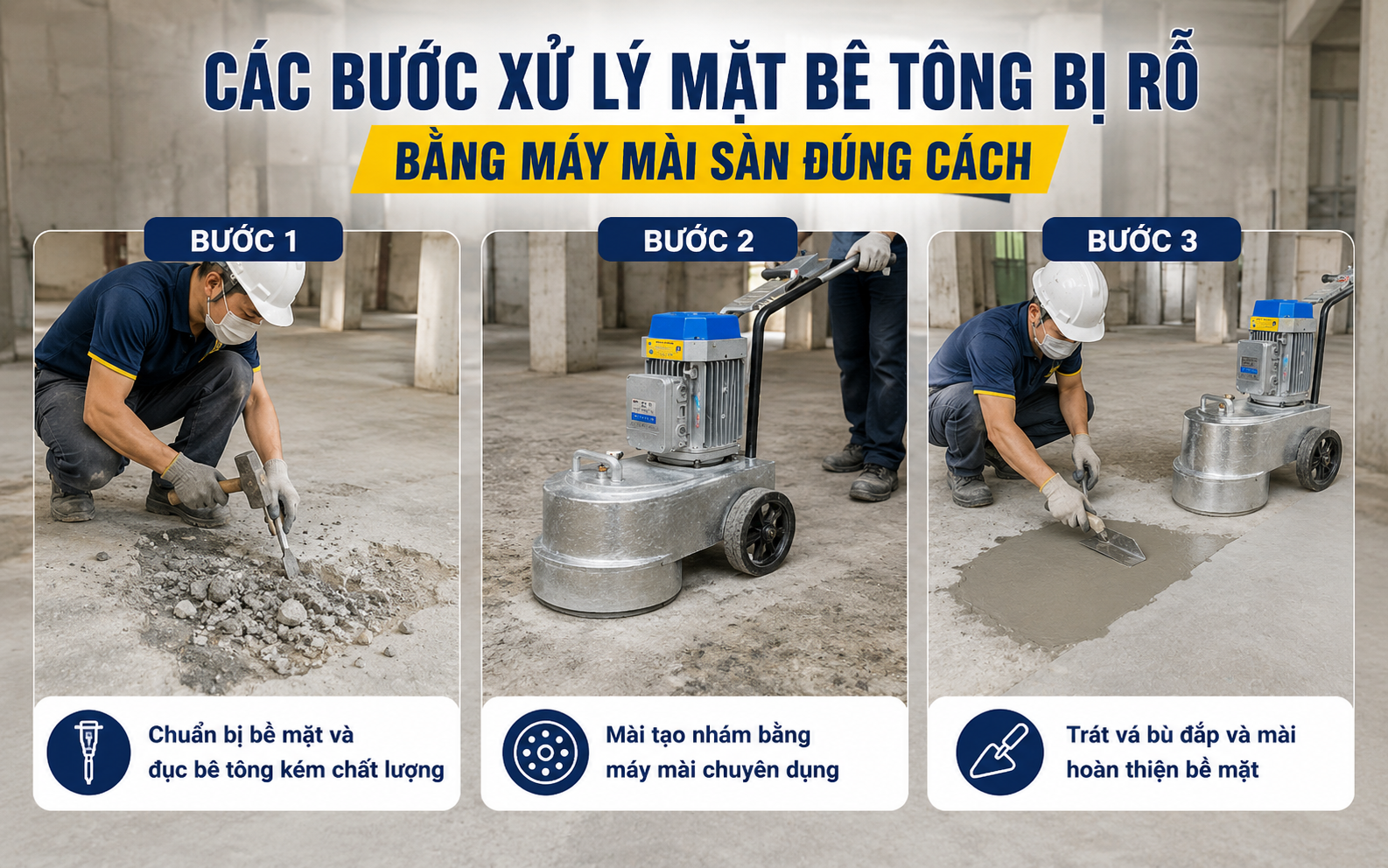 Các bước xử lý mặt bê tông bị rỗ bằng máy mài sàn