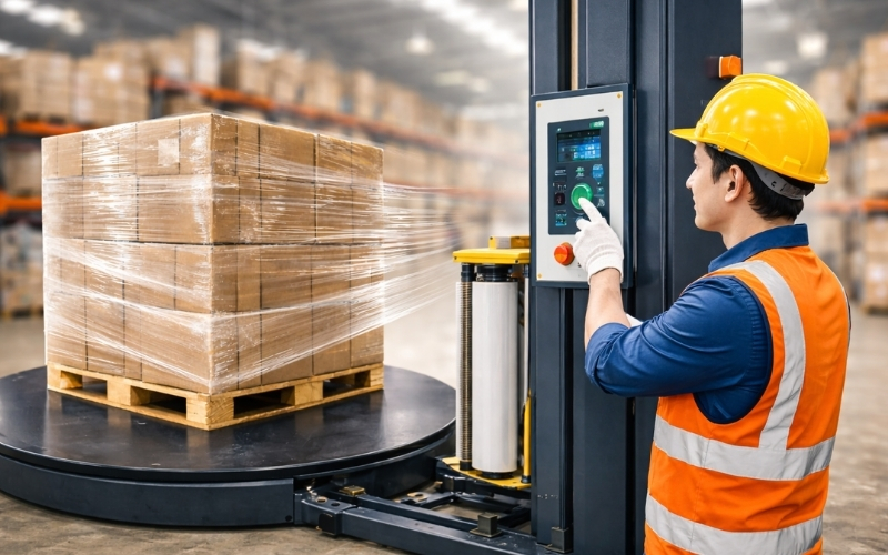 Bấm “start” nhưng máy quấn pallet không hoạt động