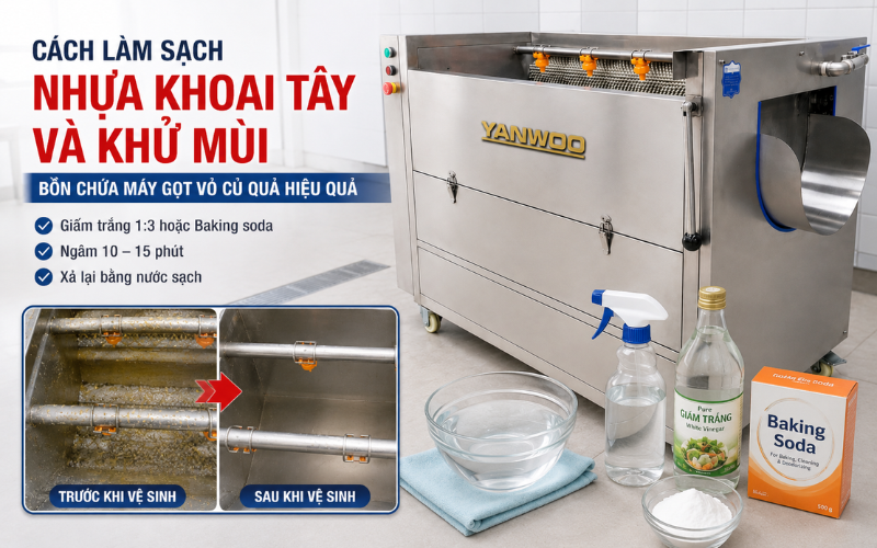 Cách làm sạch nhựa khoai tây và khử mùi bồn chứa máy gọt vỏ củ quả hiệu quả