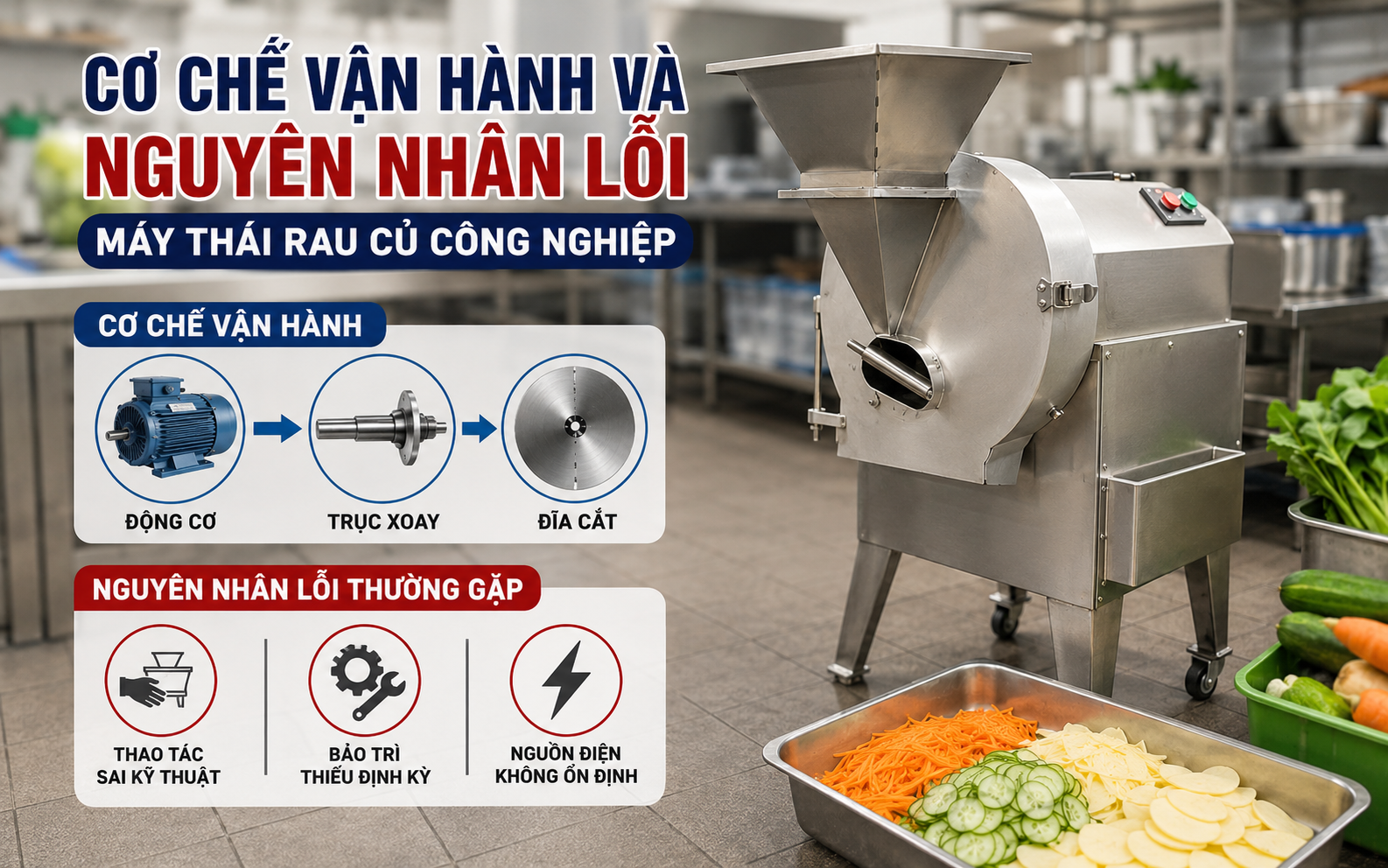 Cơ chế vận hành và nguyên nhân lỗi máy thái rau củ công nghiệp