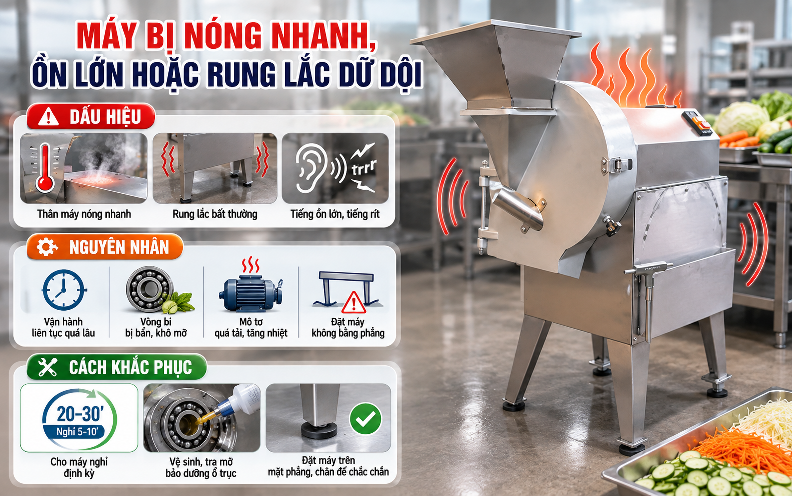 Máy bị nóng nhanh, ồn lớn hoặc rung lắc dữ dội