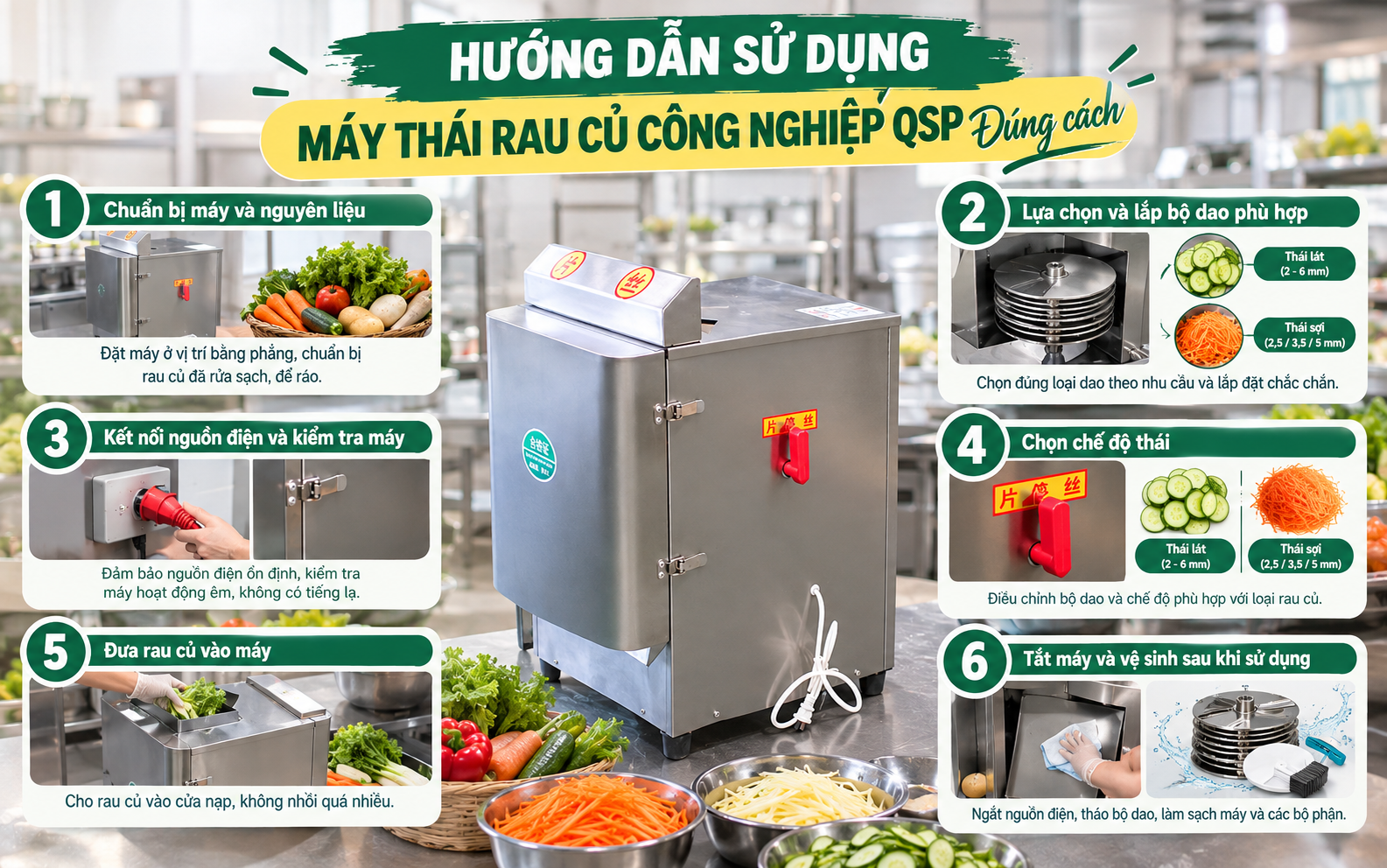 Hướng dẫn sử dụng máy thái rau củ công nghiệp QSP đúng cách