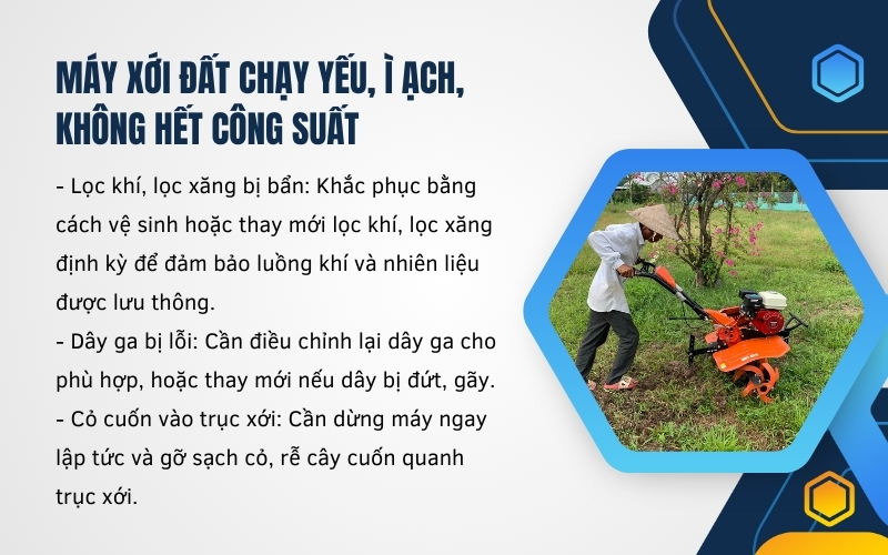 Máy xới đất chạy yếu, ì ạch, không hết công suất