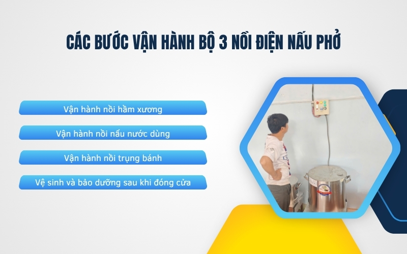 Các bước vận hành bộ 3 nồi điện nấu phở