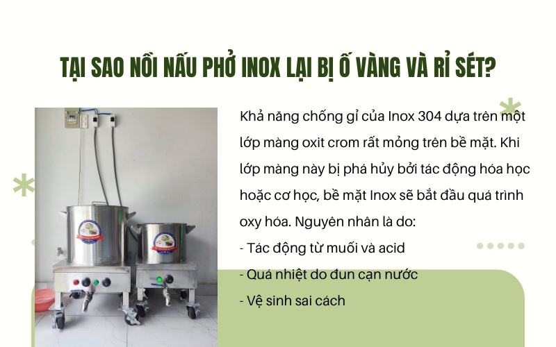 Tại sao nồi nấu phở inox lại bị ố vàng và rỉ sét?